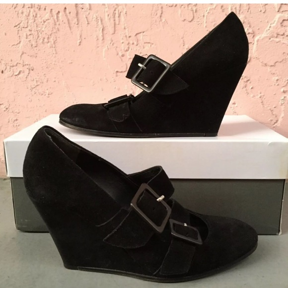 Robert Clergerie Shoes - ROBERT CLERGERIE Gilus Black Suede Buckle Wedges